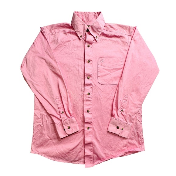 Ariat Shirt Mens Medium Pink Button Down Long Sleeve Cotton Western Embroidered - Picture 1 of 12
